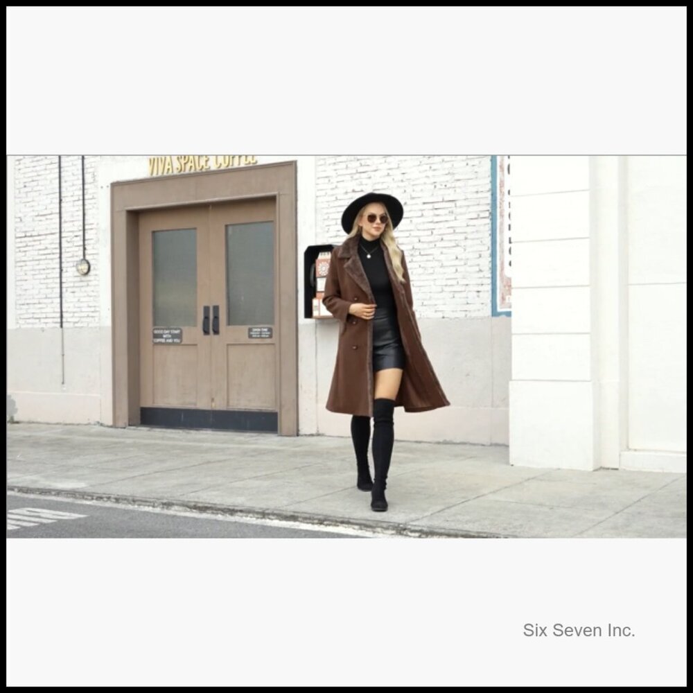 Double Breasted Pea Coat with Faux Fur Collar, Mid-Calf Length, Polyester - Picture 7 of 7